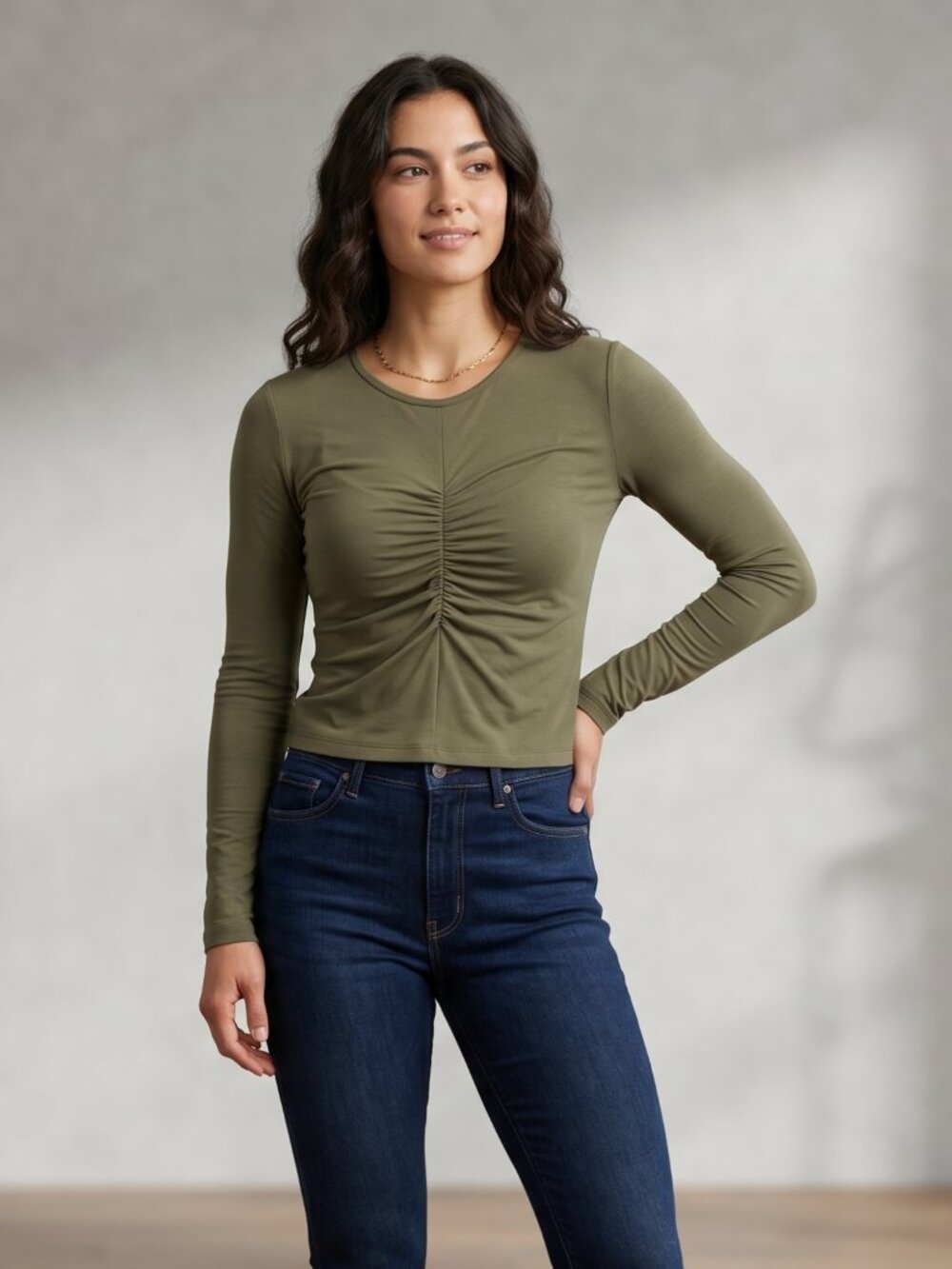 NWT | GGOV Olive Green Ruched V-Neck Long Sleeve Performance Top | Medium